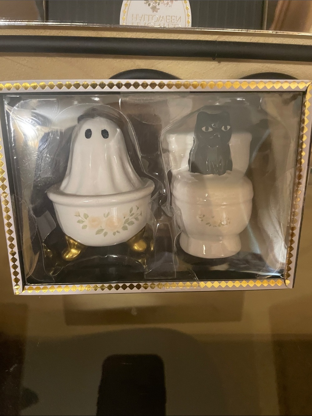 Salt and Pepper Shaker Set  Ceramic Ghost & Mortar with Gold Accents